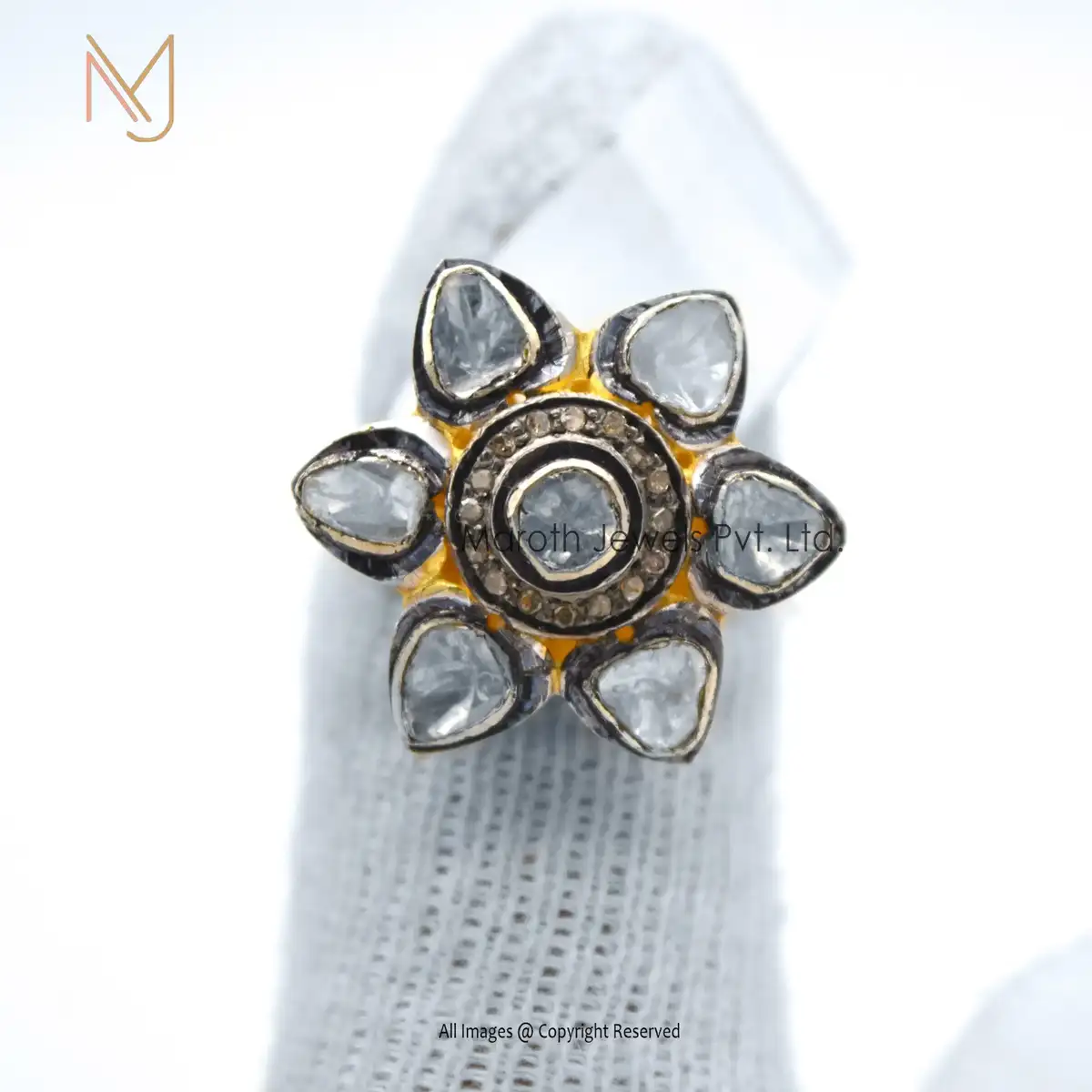 925 Silver Rhodium Plated Rose Cut Diamond Flower Victorian Designer Ring Manufacturer