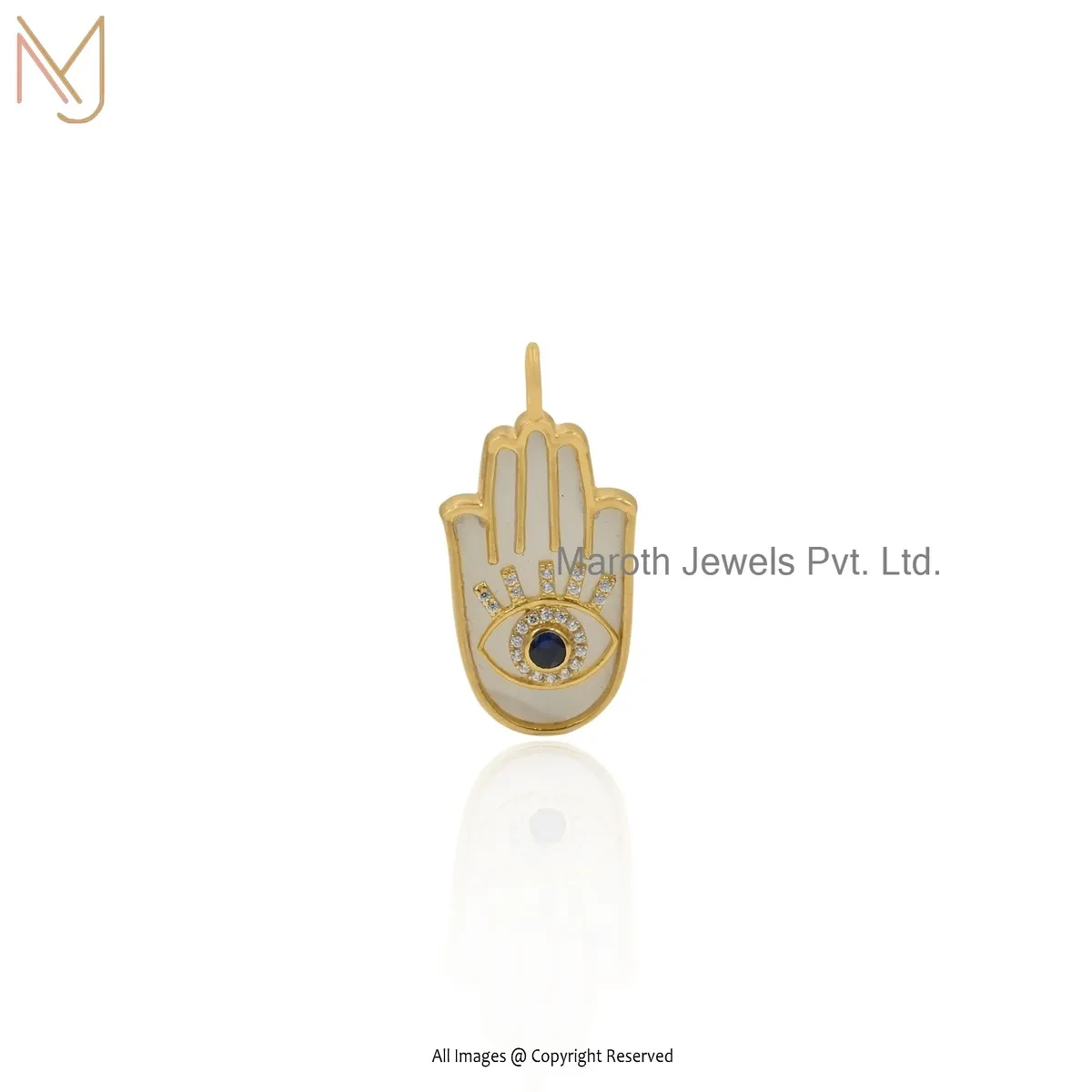 Private Lable 925 Silver Yellow Gold Plated Moonstone & Blue Sapphire Hamsa Charm Pendant