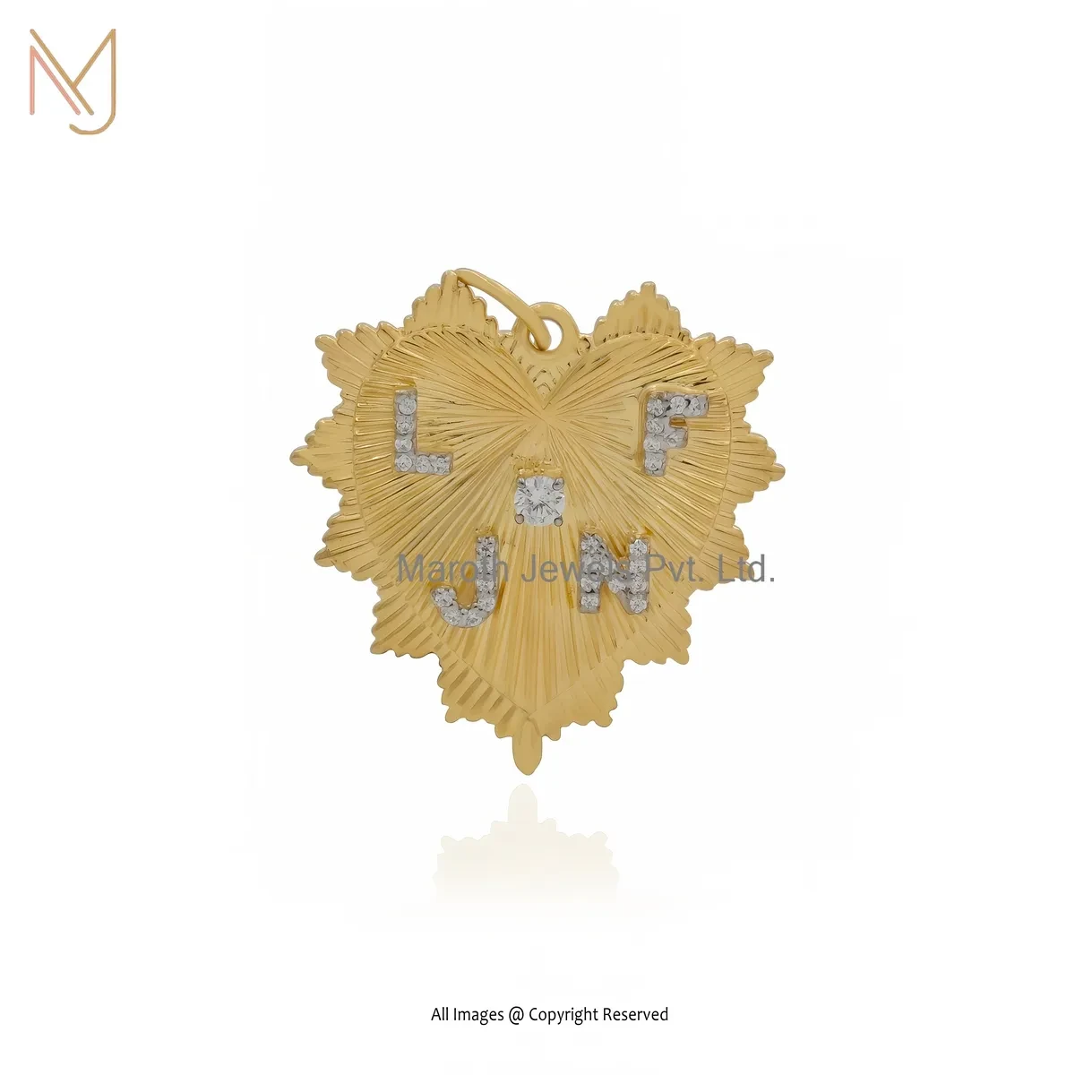 Private Lable 925 Silver Yellow Gold Plated Cubic Zircon Letter " LFJN " Fluted Heart Initial Pendant