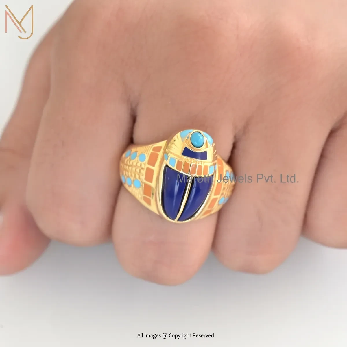 925 Silver Yellow Gold Plated Lapiz Lazuli And Turquoise & Multi Enamel Scarab Ring USA