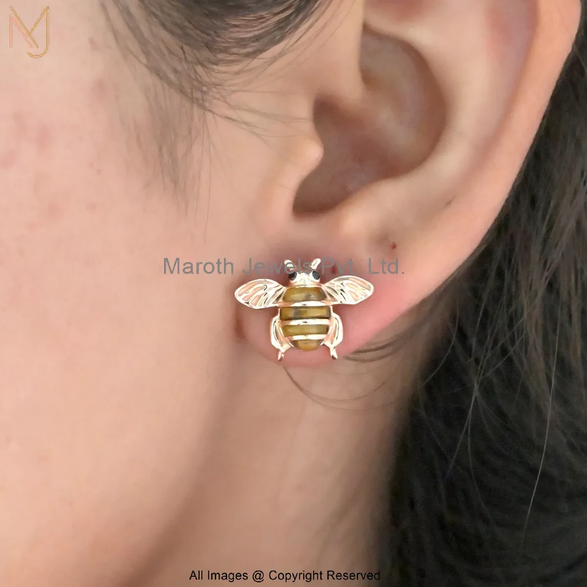 925 Silver Yellow Gold Plated Cubic Zircon Gemstone Honey Bee Stud Earring Custom Jewelry