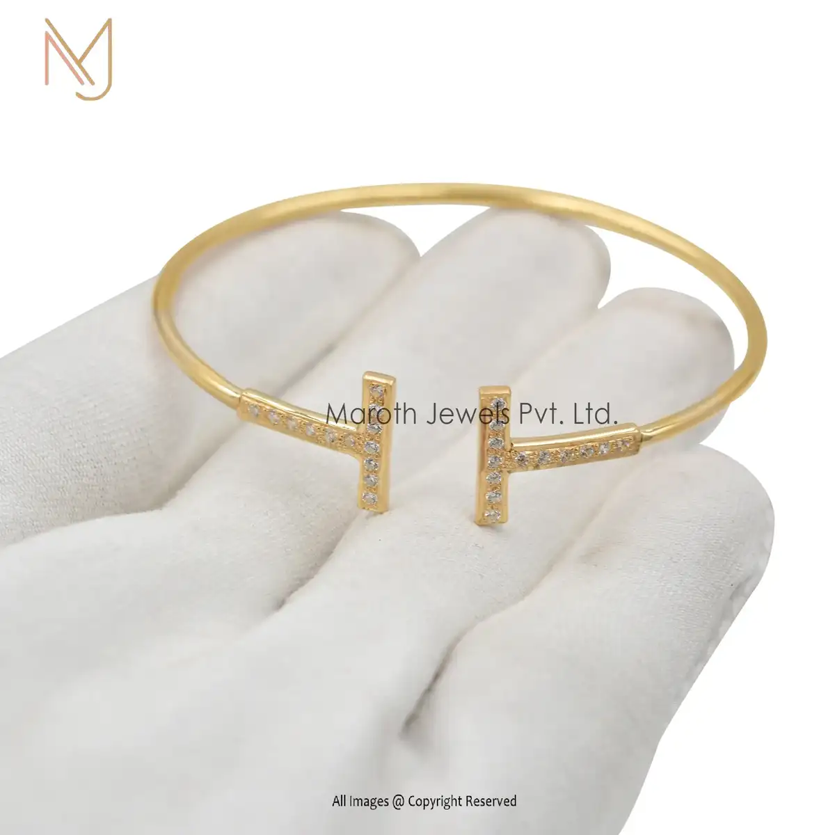 14K Yellow Gold Pave Diamond T Cuff Bangle Jewelry Wholesale