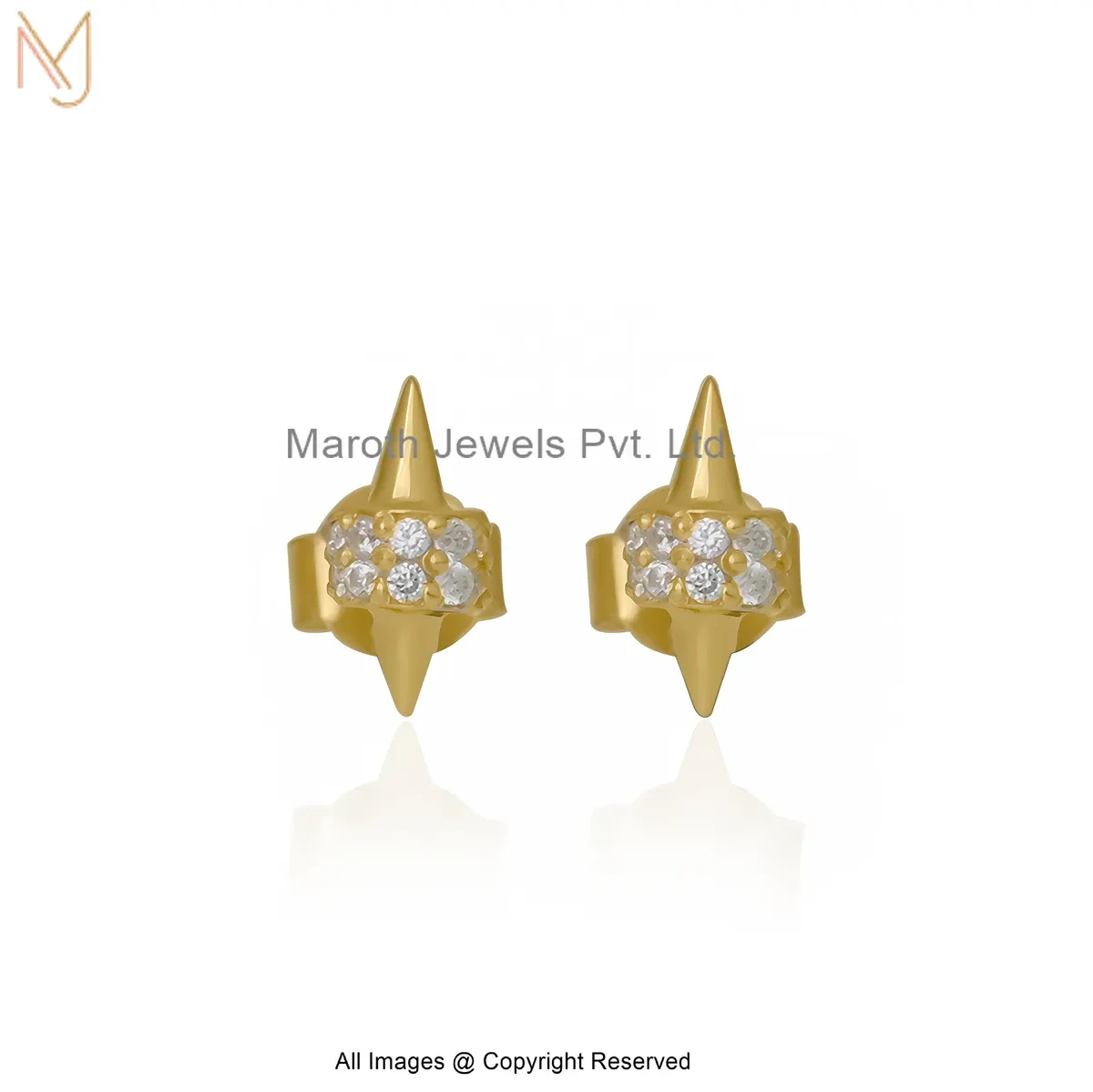14K Yellow Gold Diamond Cubic Zircon Spike Stud Earring Jewelry Supplier