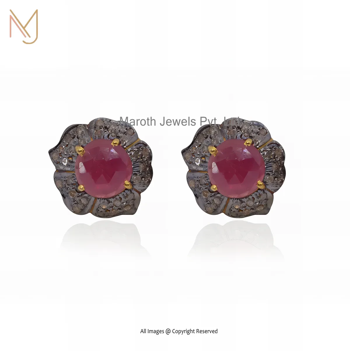 14K Yellow Gold Pave Diamond Minimalist Ruby Gemstone Stud Earring Custom Jewelry