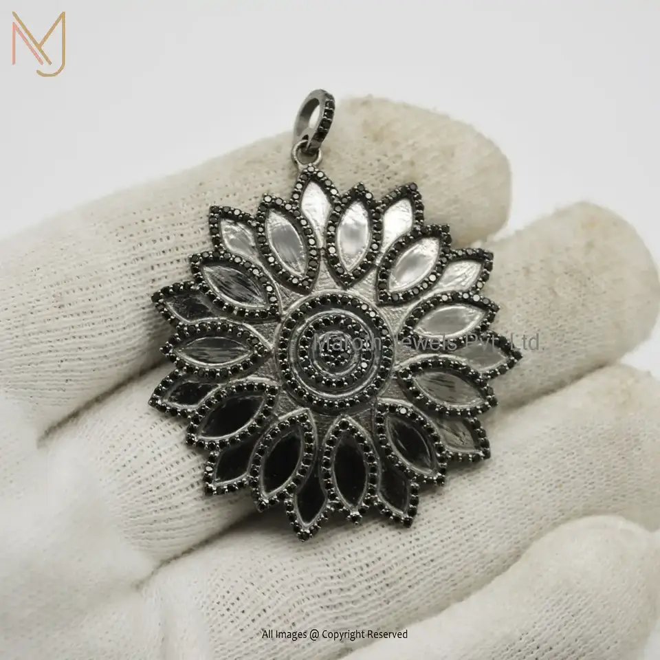 925 Silver Black Rhodium Plated Black Pave Diamond Flower Pendant Jewelry Supplier