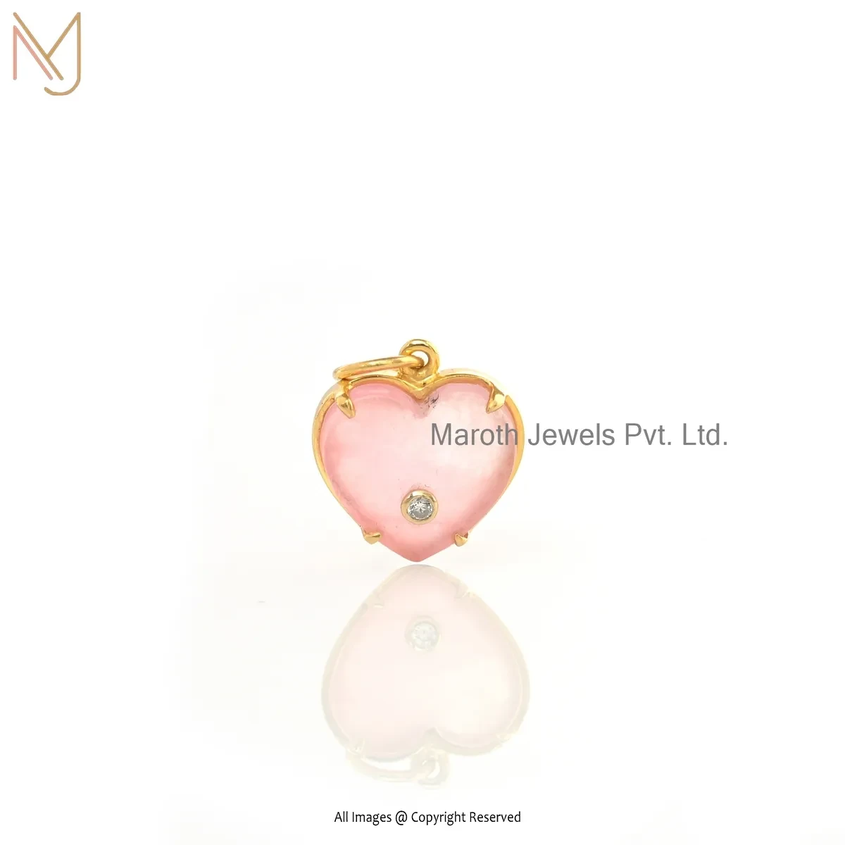 Private Lable 925 Silver Yellow Gold Plated Cubic Zircon & Pink Onyx Gemstone Heart Pendant
