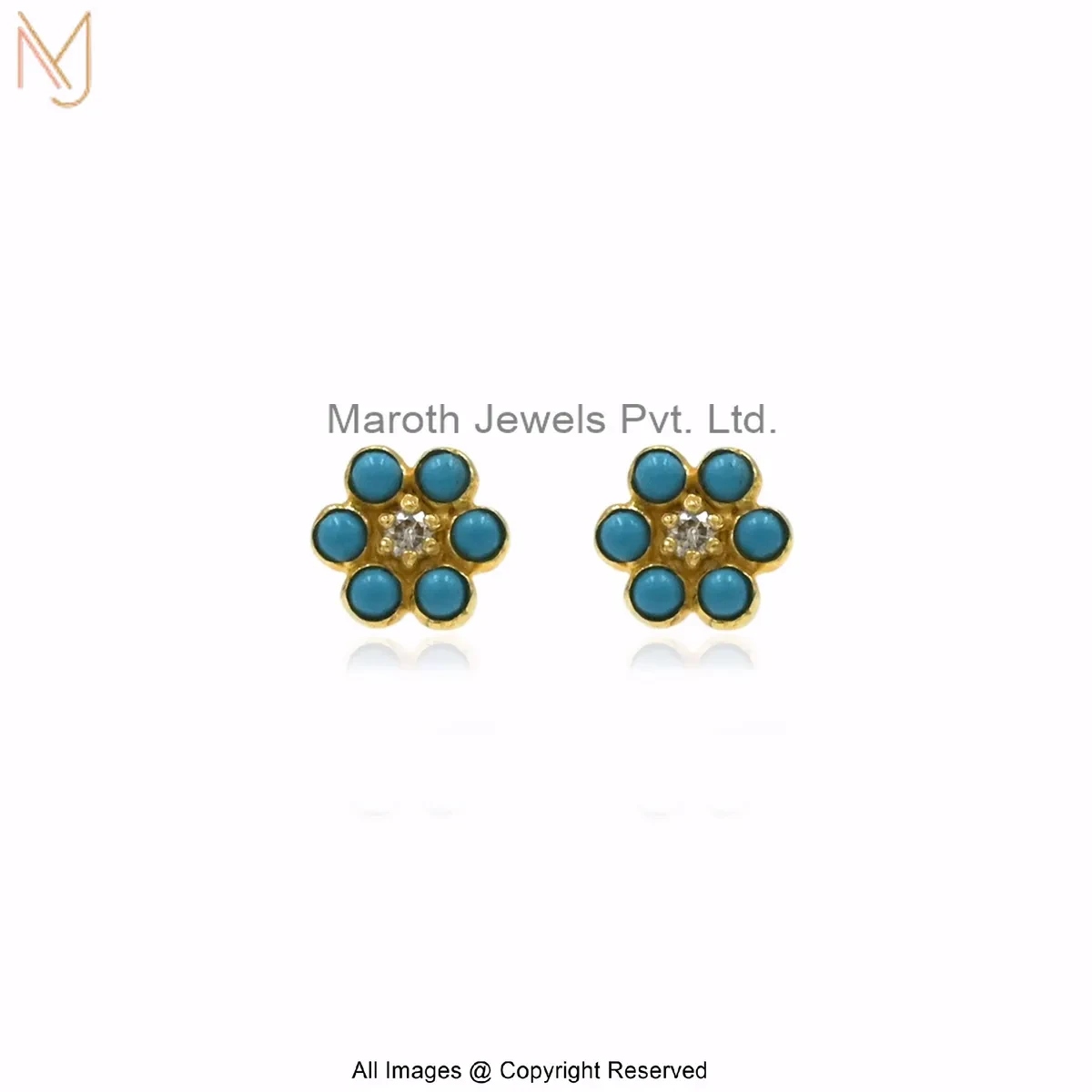 14K Yellow Gold Diamond Turquoise Floral Stud Earrings Manufacturer
