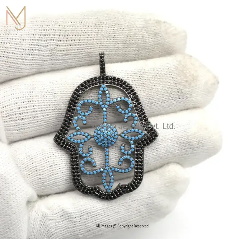 Private Lable 925 Silver Black Rhodium Plated Black Diamond & Turquoise Hamsa Pendant Jewelry