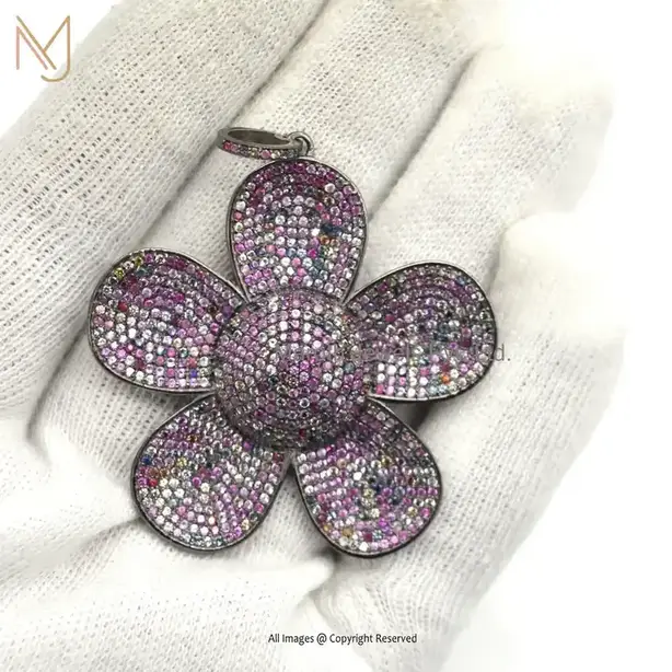 925 Silver Black Rhodium Plated Multi Color CZ Gemstone Flower Pendant Custom Jewelry