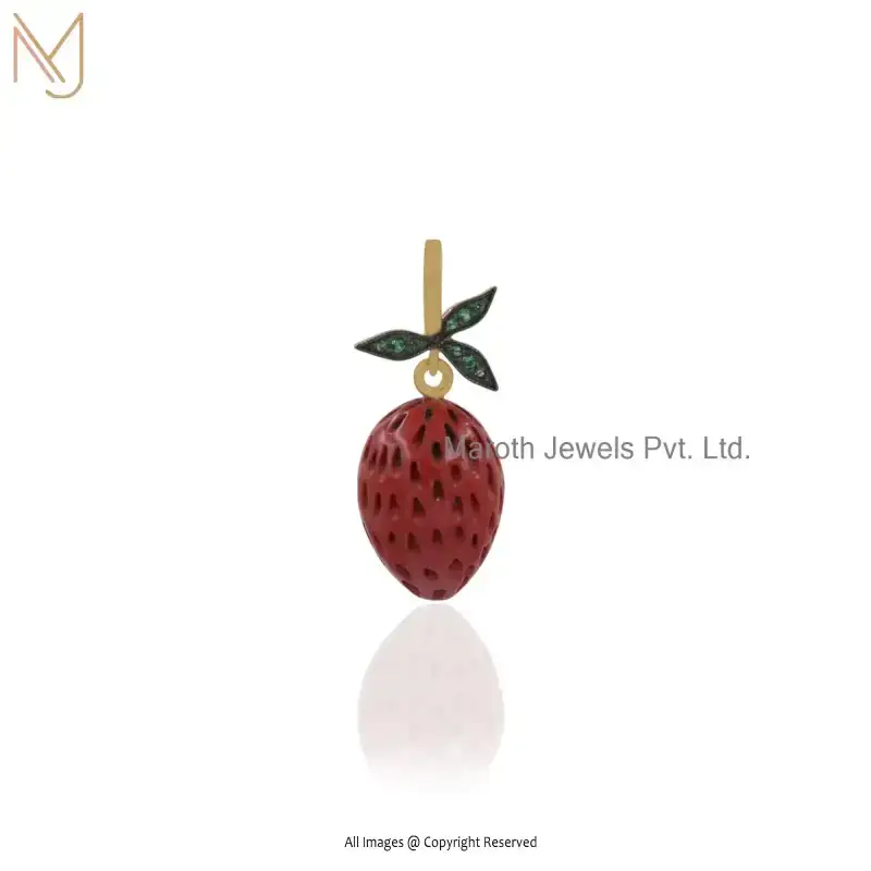 Wholesale 925 Sterling Silver Yellow Gold Plated And Black Rhodhium Red Coral & Green CZ Strawberry Pendant