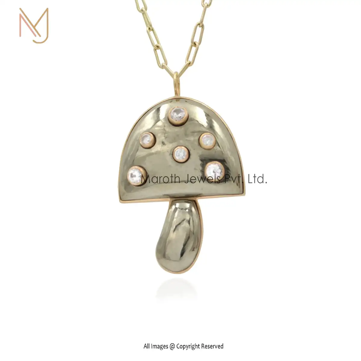 14k Yellow Gold Big Stone & Small Stone Pyrite Or Round White Cubic Zircon Mushroom Pendant Wholesale