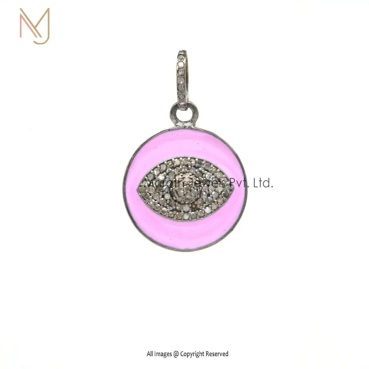 14K Yellow Gold  Pave Diamond Pink Enamel Evil Eye Disc Pendant Jewelry Manufacturer