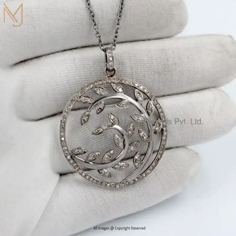 925 Silver Rhodium Plated Diamond Round Leaf Pendant Jewelry Supplier
