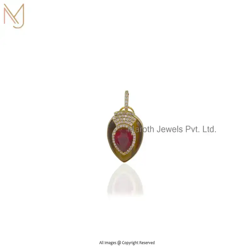 925 Silver Yellow Gold Plated Tiger Eye CZ Pink Cubic Zircon Carved Nomad Inlay Charm Pendant USA