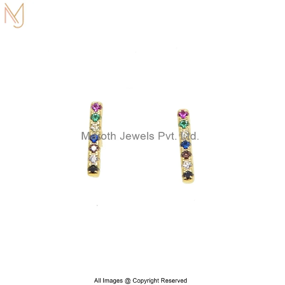 14K Yellow Gold Diamond Multi Gemstone Bar Design Stud Earring Custom Jewelry