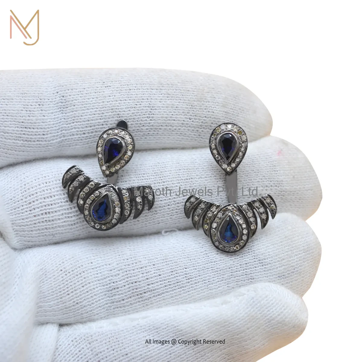 925 Silver Rhodium Plated Blue Sapphire Gemstone Pave Dimaond Earring Manufacturer