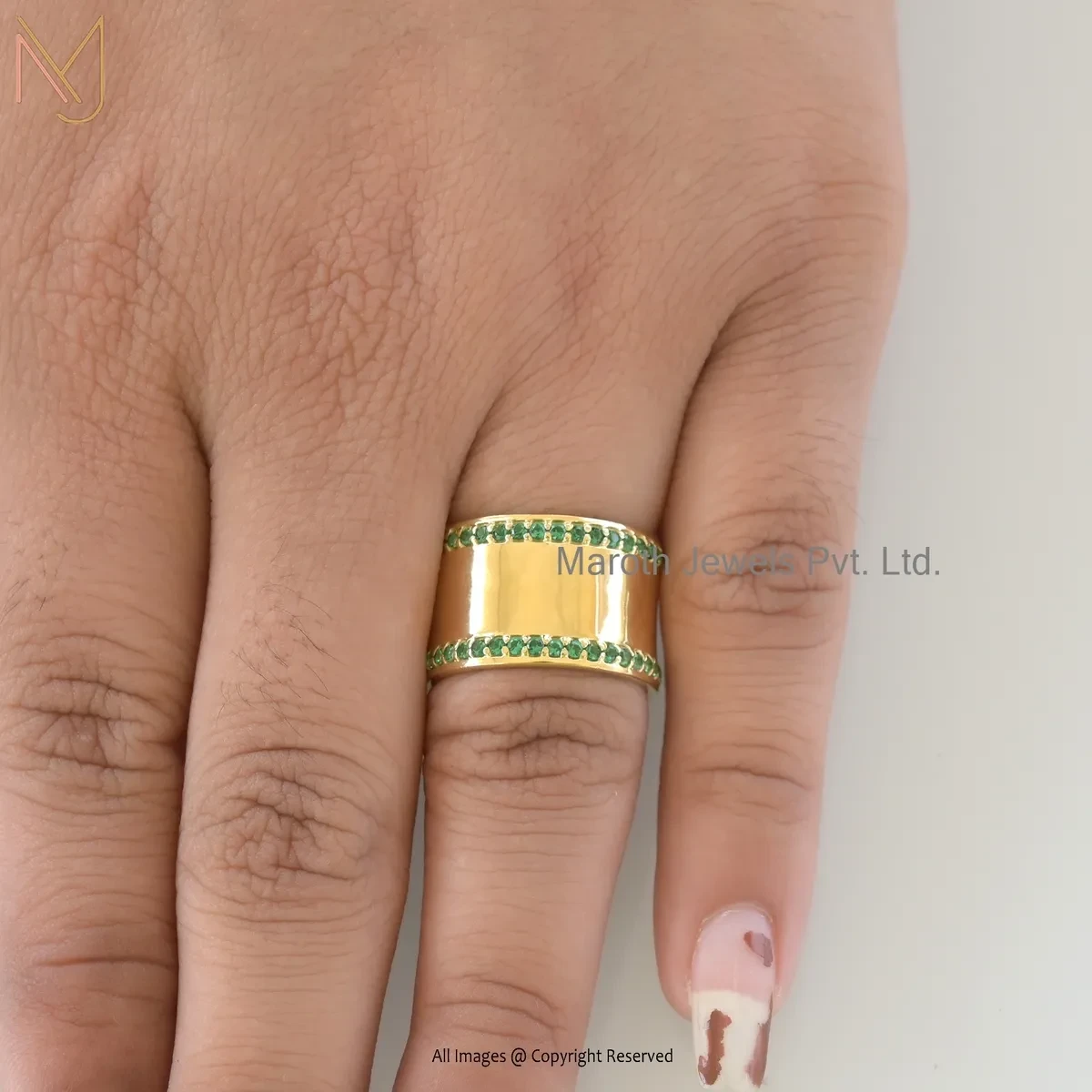 Privtae Lable 14K Yellow Gold Emerald Cubic Zircon Cigar Band Ring