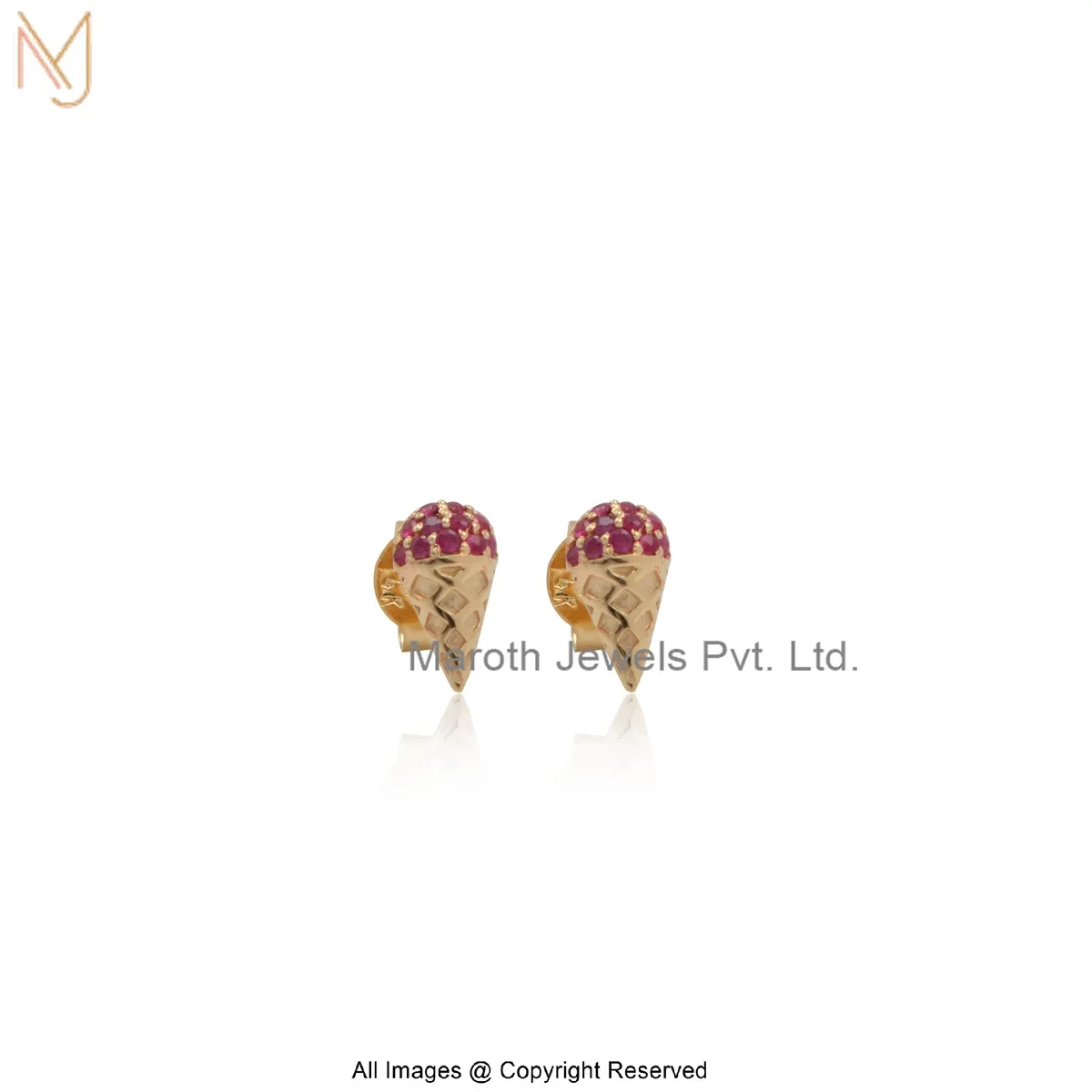 14K Yellow Gold Ruby Ice Cream Cone Stud Earring Manufacturer