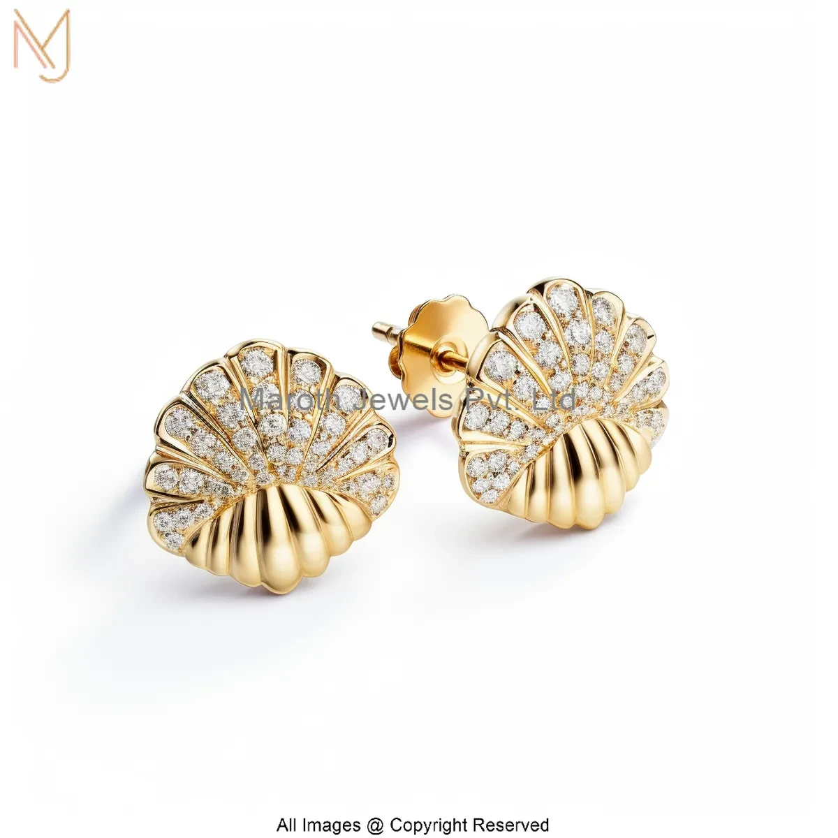 14K Yellow Gold Moisaanite Diamond Sea Shell Stud Earring Jewelry Supplier