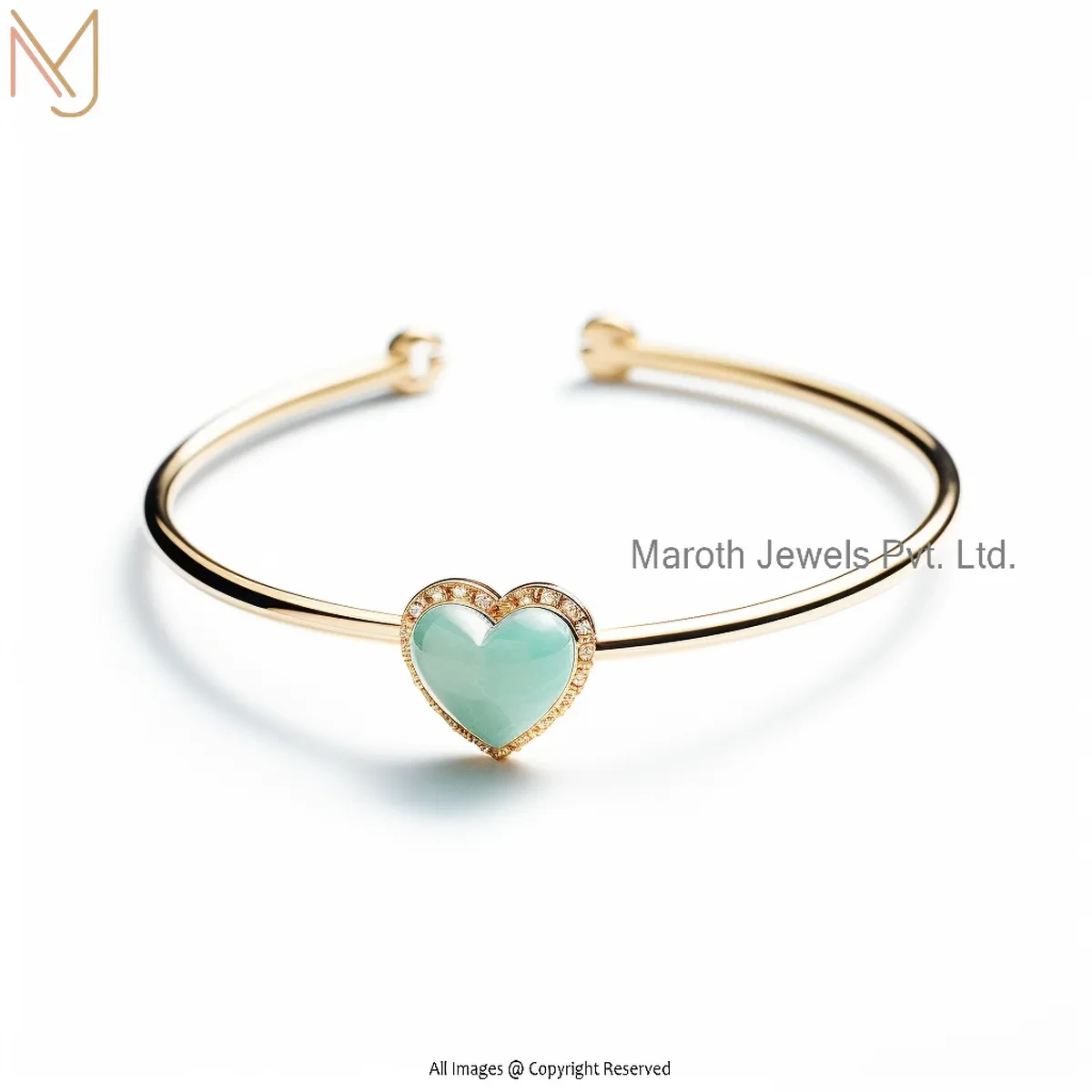 Wholesale 14K Yellow Gold Amazonite And Cubic Zircon Heart Bangle