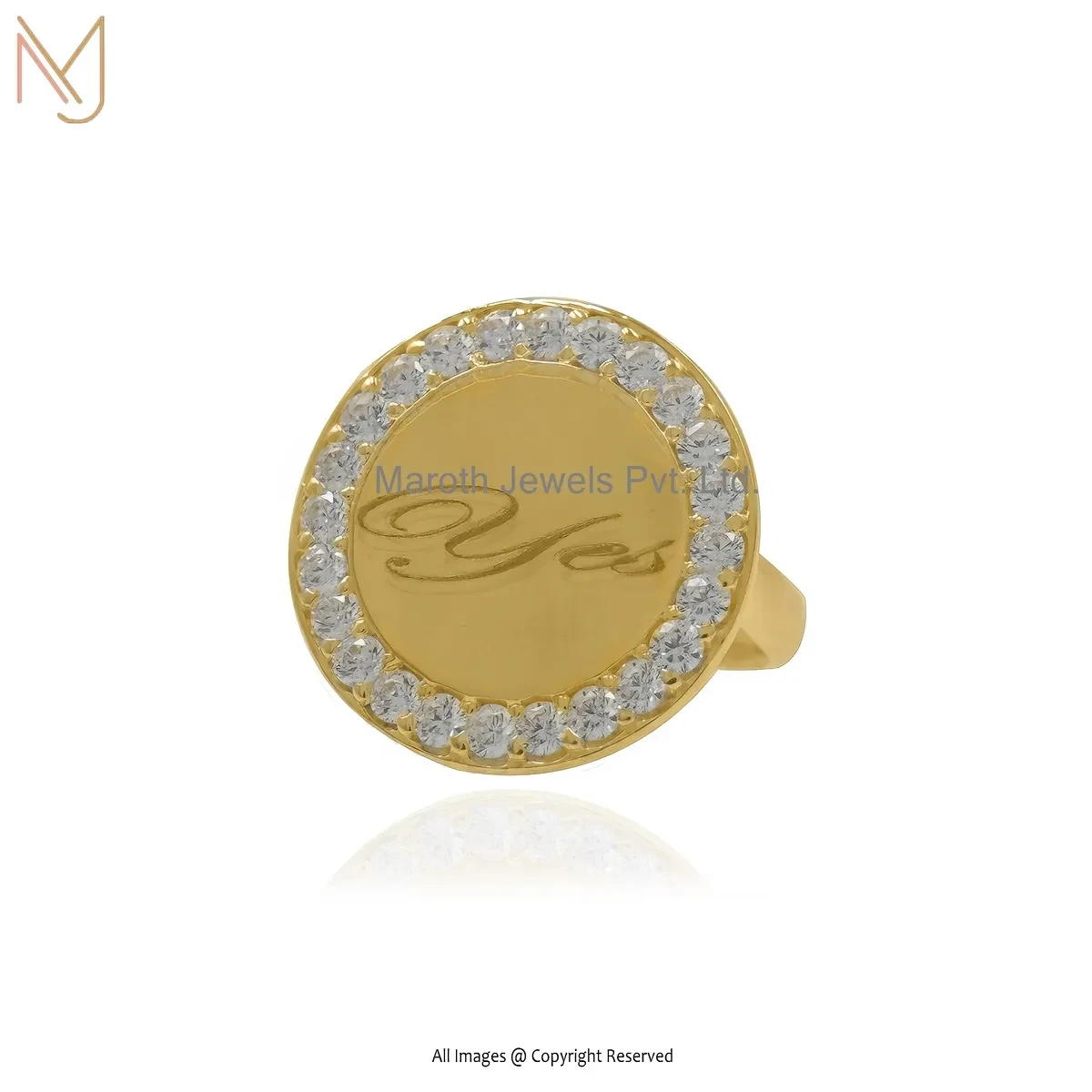 925 Silver Yellow Gold Plated Cubic Zircon Disc Initial Letter Ring Manufacturer