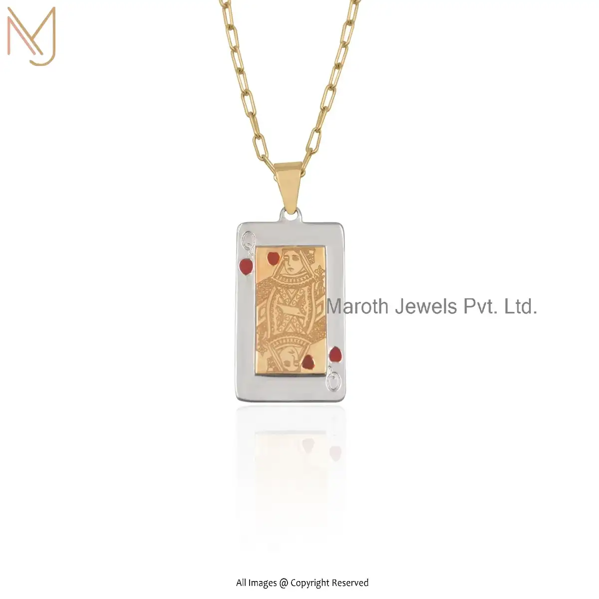 925 Silver Yellow Gold Plated Red Enamel Queen Play Cards Pendant Jewelry Supplier