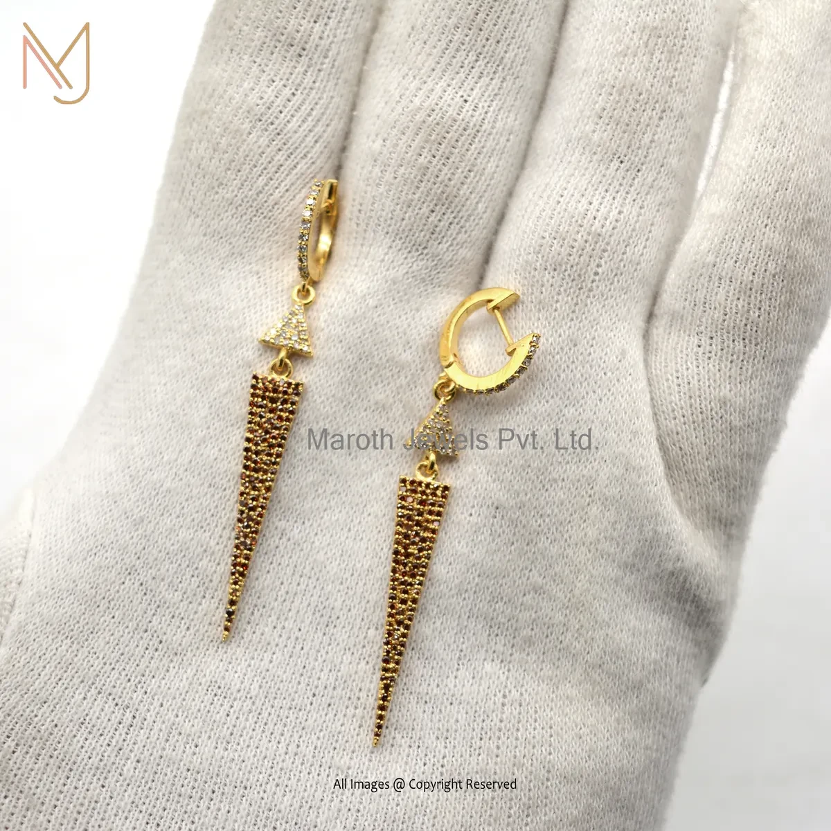 925 Silver Yellow Gold Plated Diamond Gemstone Handmade Designer Spike Dangle Earring USA