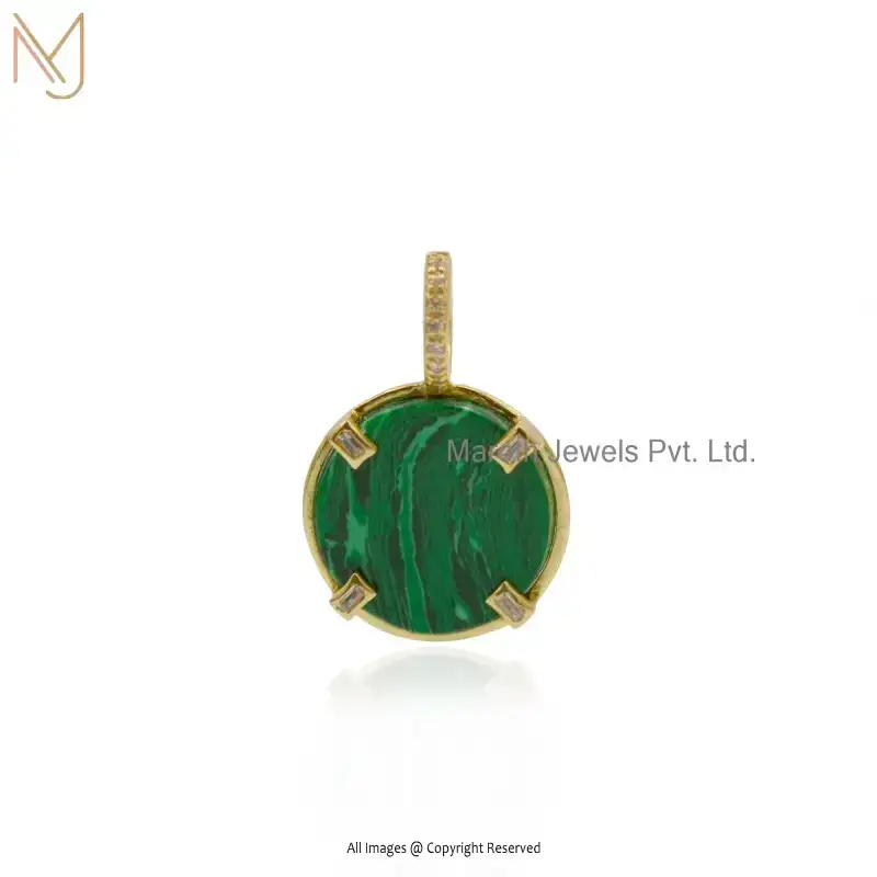 925 Silver Yellow Gold Plated Malachite & White Cubic Zircon Pendant USA