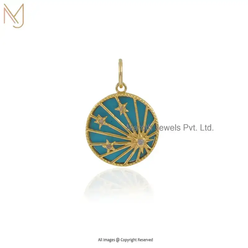 925 Silver Yellow Gold Plated Turquoise & Diamond Star Disc Pendant Jewelry Supplier