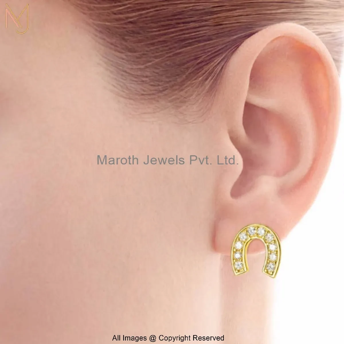 14K Yellow Gold Pave Diamond Horseshoe Stud Earring Custom Jewelry