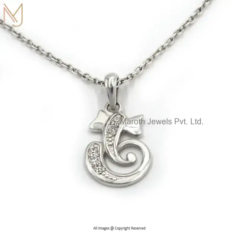 14K White Gold Diamond Serene Ganesha God Pendant Jewelry USA