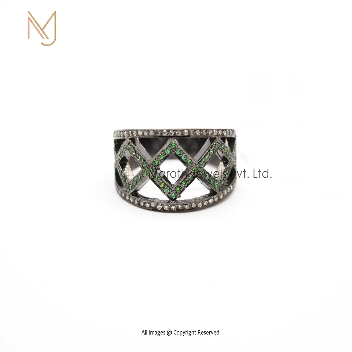 Wholesale 925 Silver Rhodium Plated Pave Diamond Tsavorite Gemstone Ring Jewelry