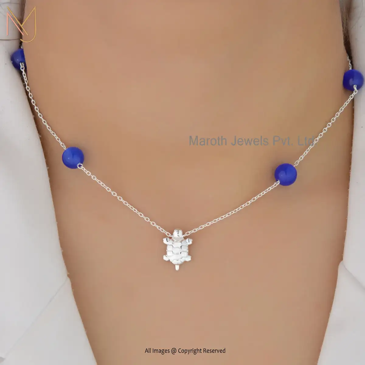 Wholesale 14K White Gold Blue CZ Thick Cable Chain Turtle Necklace