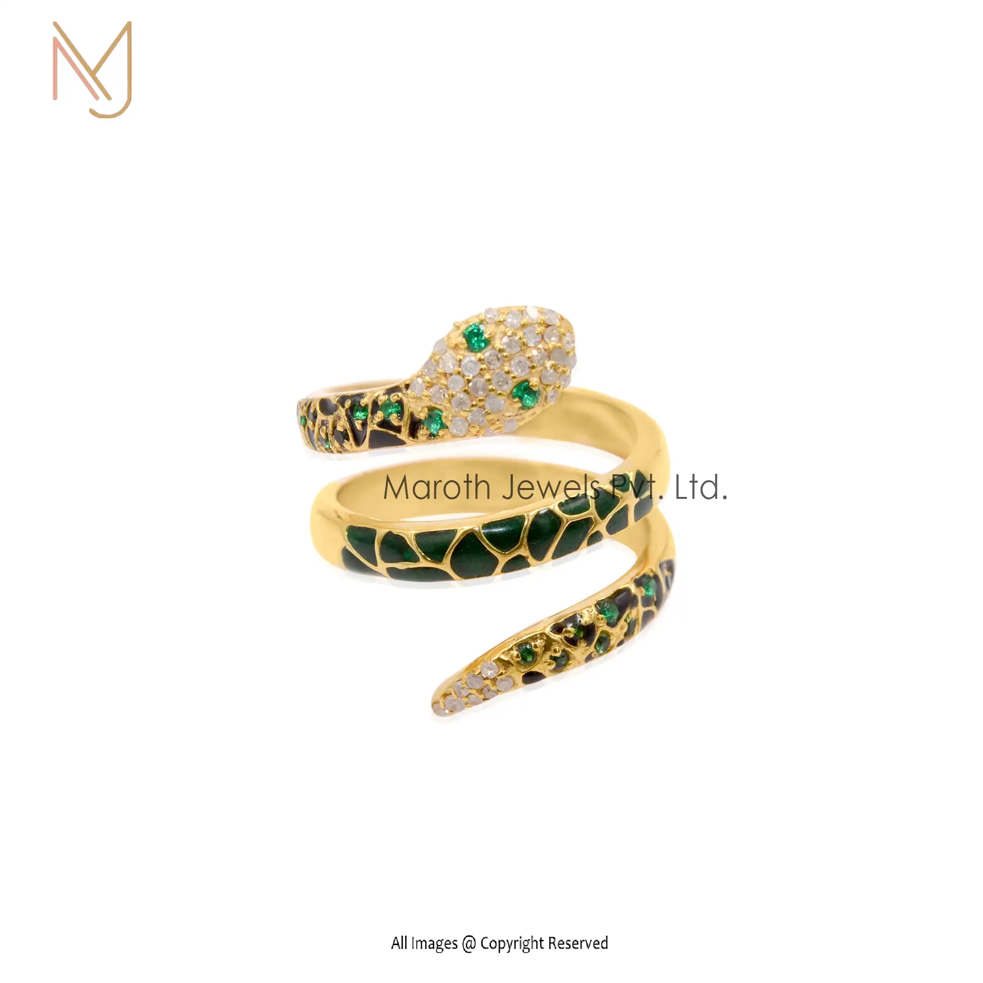 14k Yellow Gold Diamond Emerald Green Enamel Snake Ring Wholesale