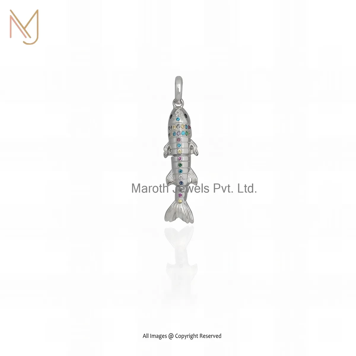 925 Silver Yellow Gold Plated Cubic Zircon Multi Gemstone Moveable Fish Pendant Manufacturer