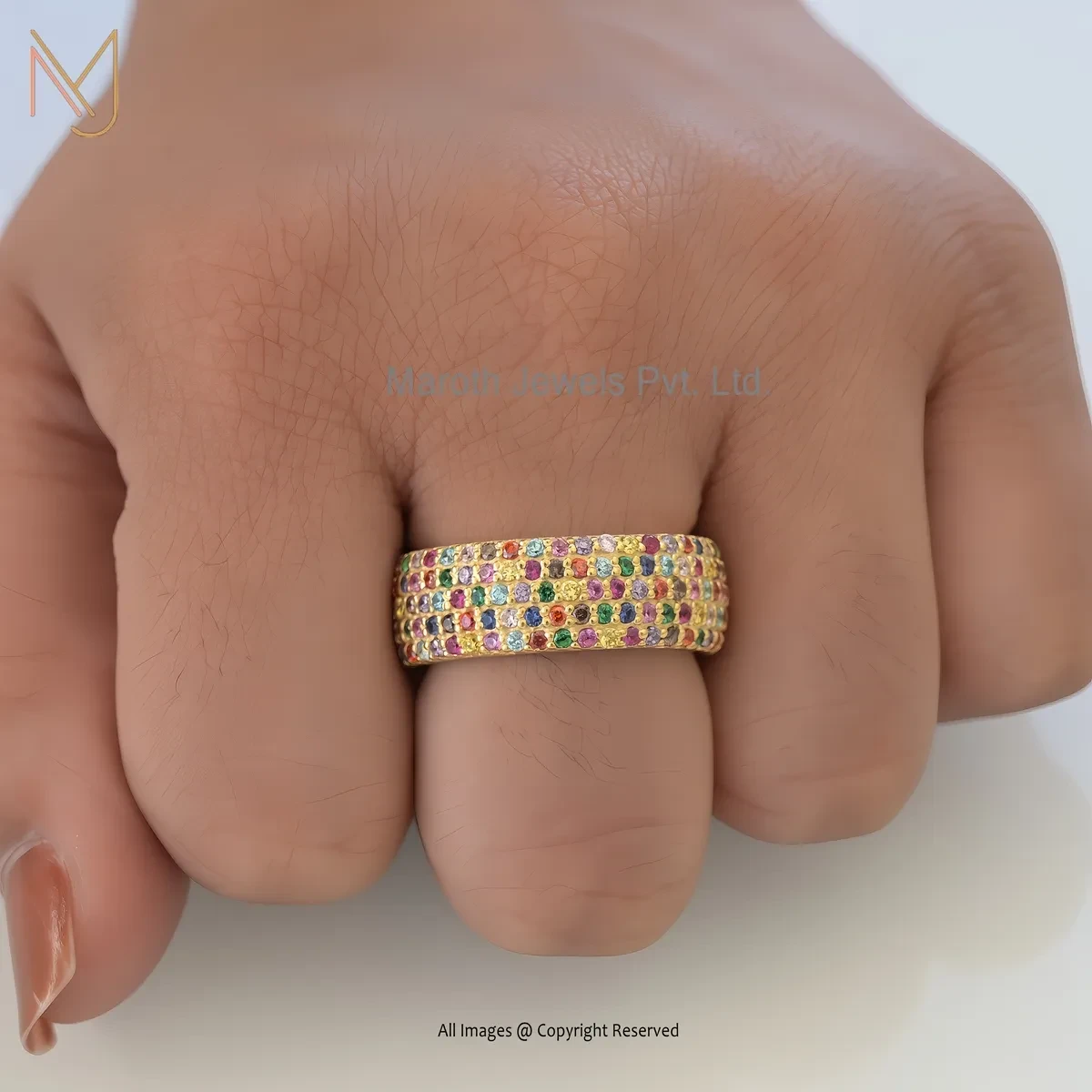 925 Silver Yellow Gold Plated Multi Cubic Zircon Round Cut Eternity Band Ring USA