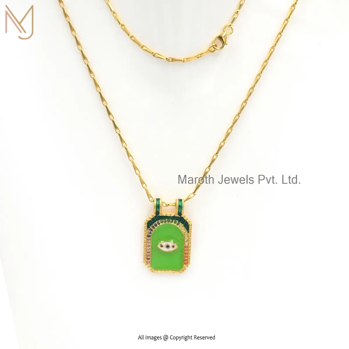 Private Lable 925 Silver Yellow Gold Plated Cubic Zircon & Enamel Evil Eye Gemstone Pendant