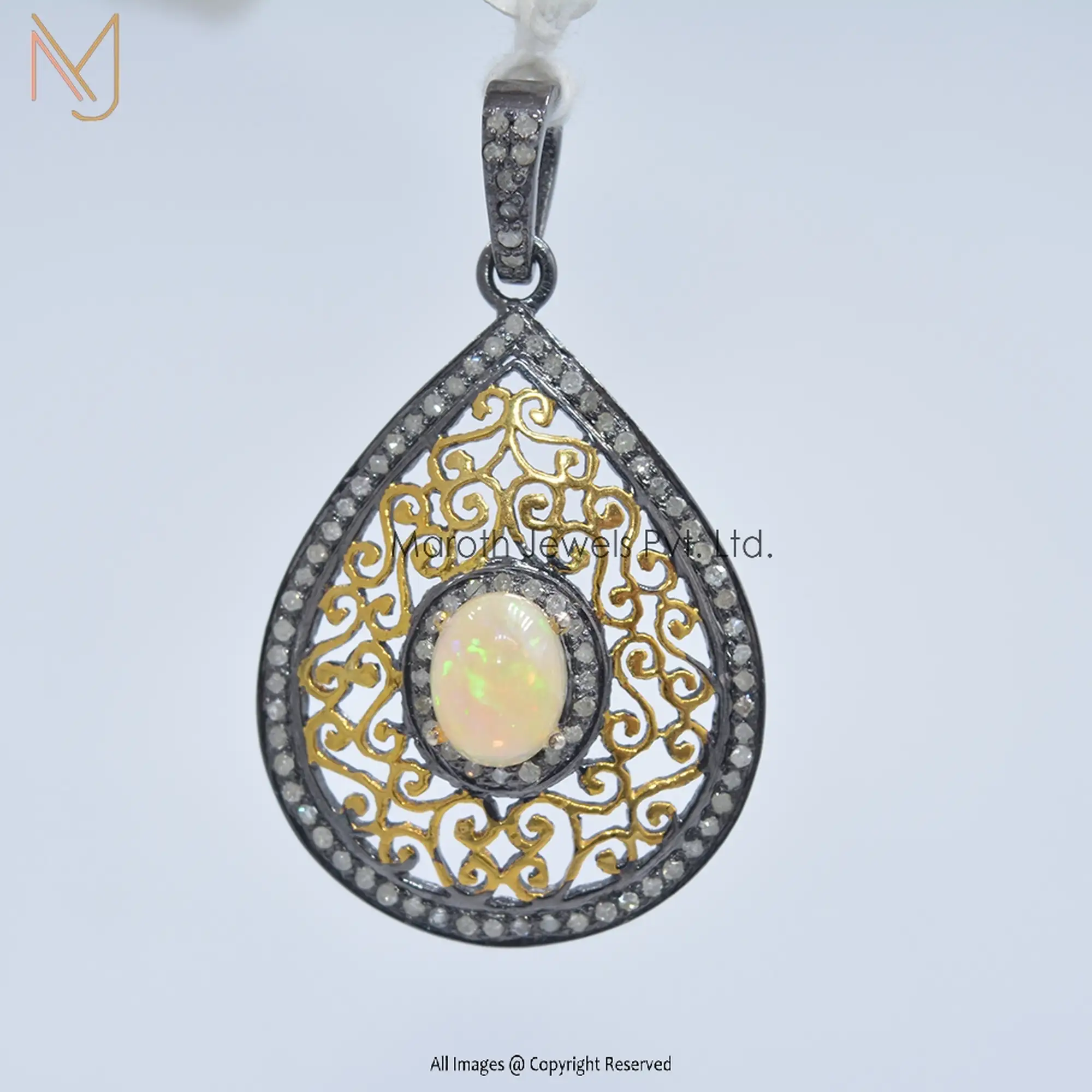 925 Silver Yellow Gold Rhodium Plated Opal Gemstone Diamond Oval Pendant Manufacturer