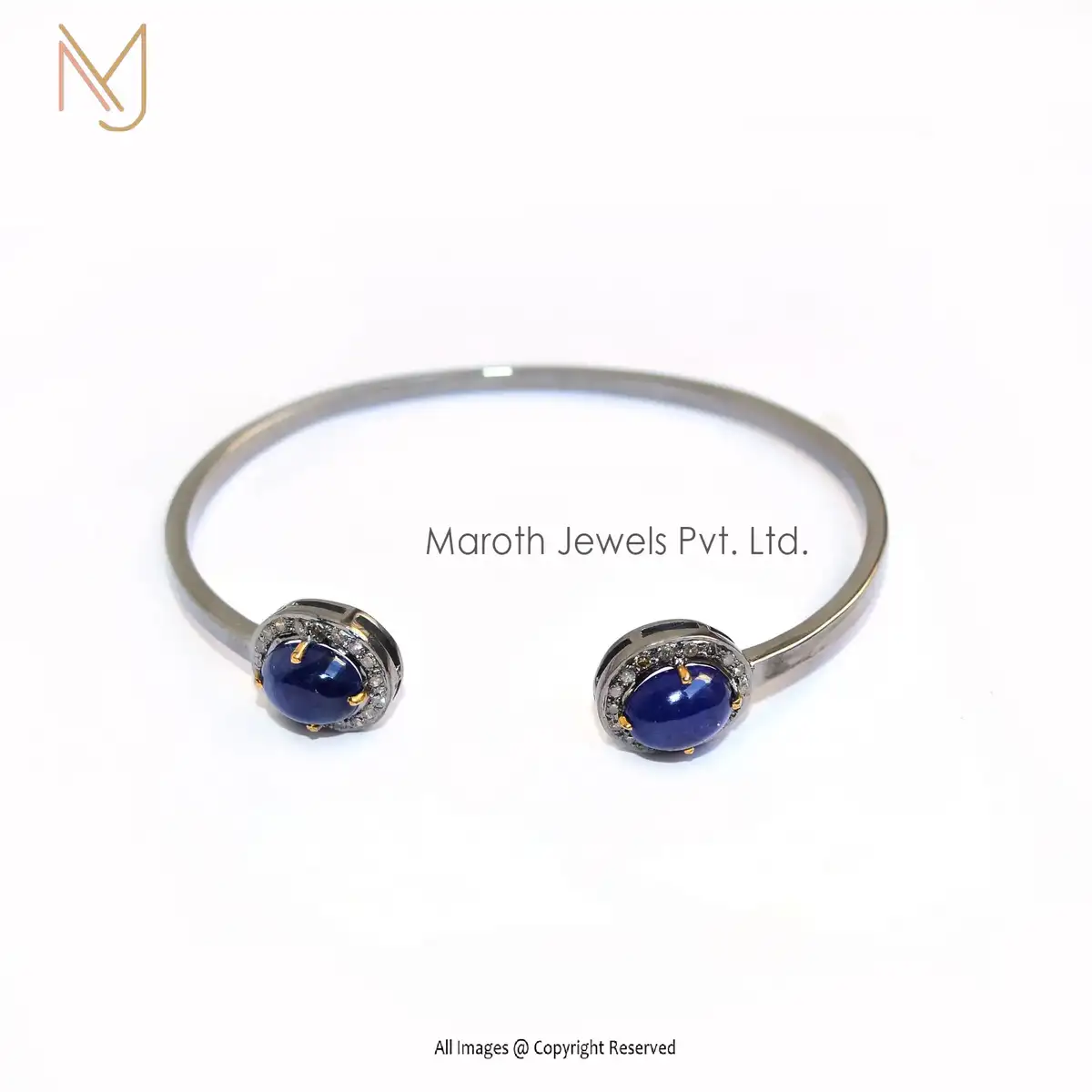 92.5 Silver Rhodium Plated Pave Diamond Blue Sapphire Gemstone Cuff Bangle Manufacturer