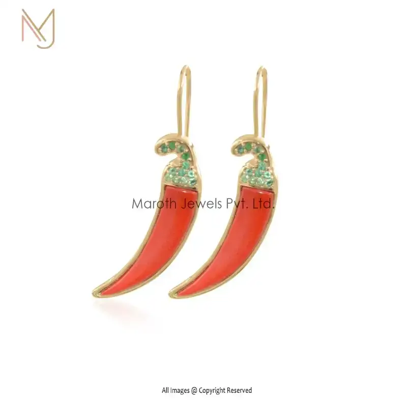 925 Silver Yellow Gold  Coral & Emerald Chili Earrings Manufacturer