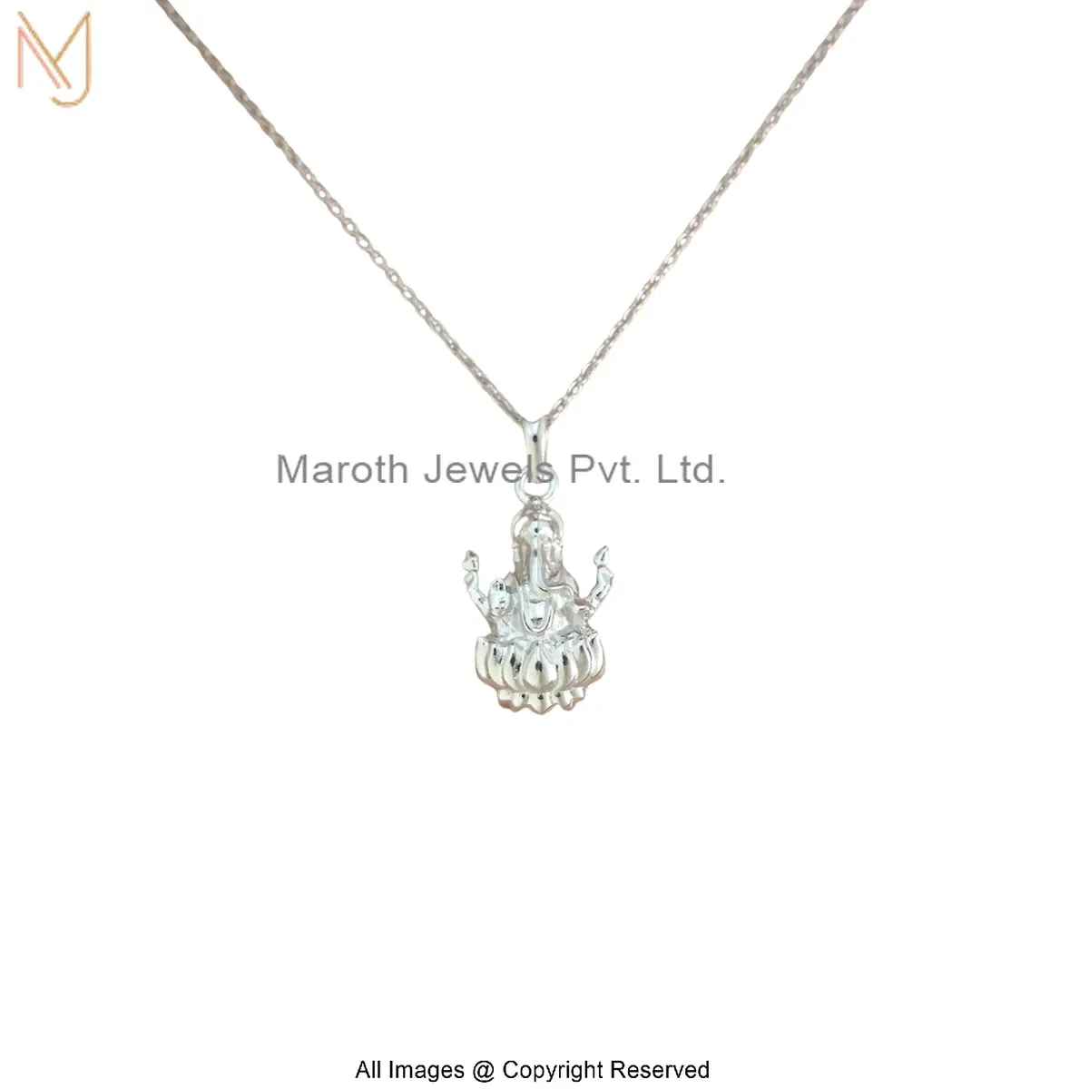 14K White Gold Lotus Flower Lord Ganesha Necklace Custom Jewelry