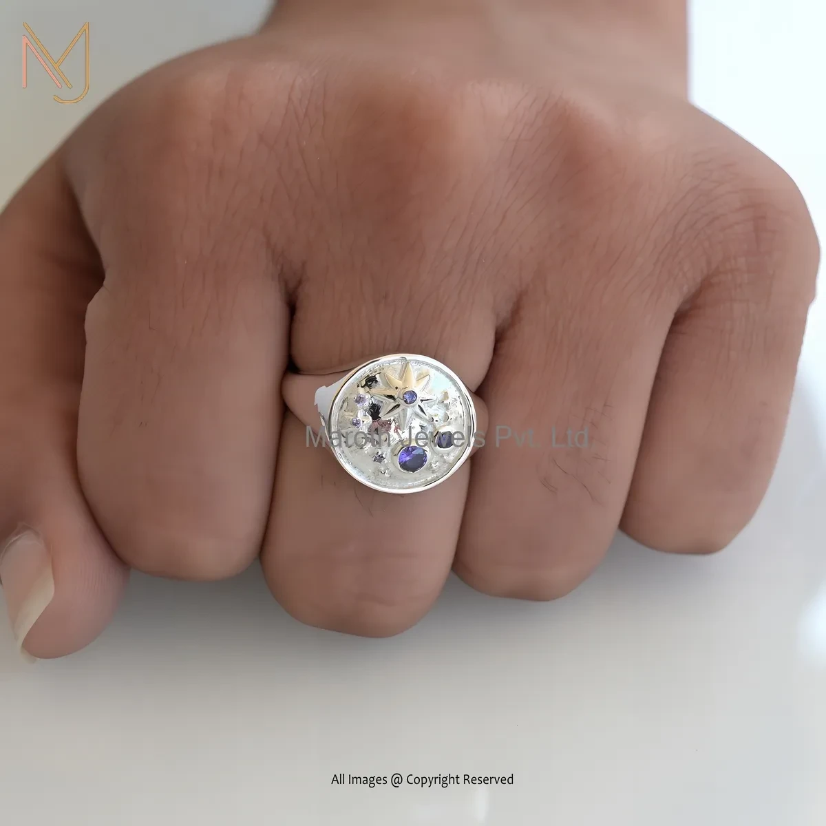 925 Silver Natural Silver Plated Amehyst Starburst Signet Ring Manufacturer