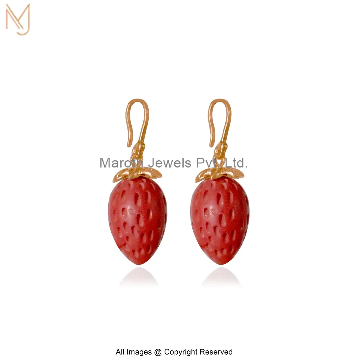 14K Rose Gold Red Coral Strawberry Carved Gemstone Drop Earrings Custom Jewelry