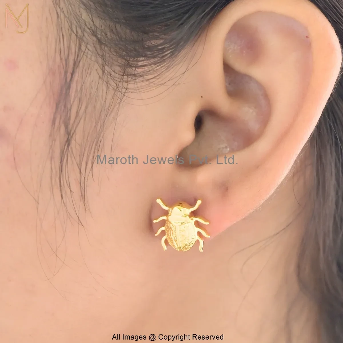 14K Yellow Gold Scarab Stud Earring Jewelry Supplier