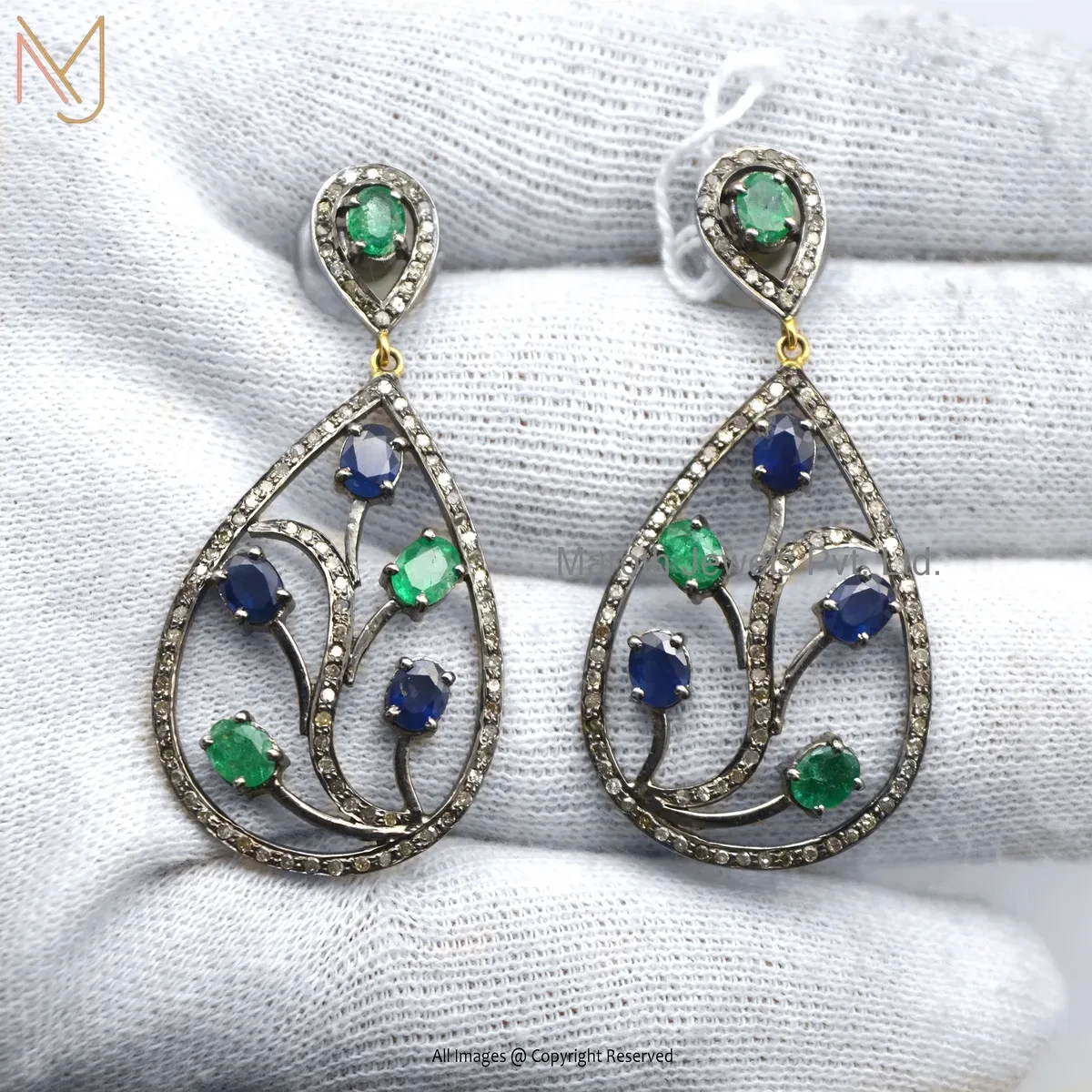 Private Lable 925 Silver Yellow Gold Plated Pave Diamond ,Emerald , Blue Sapphire Drop Earring