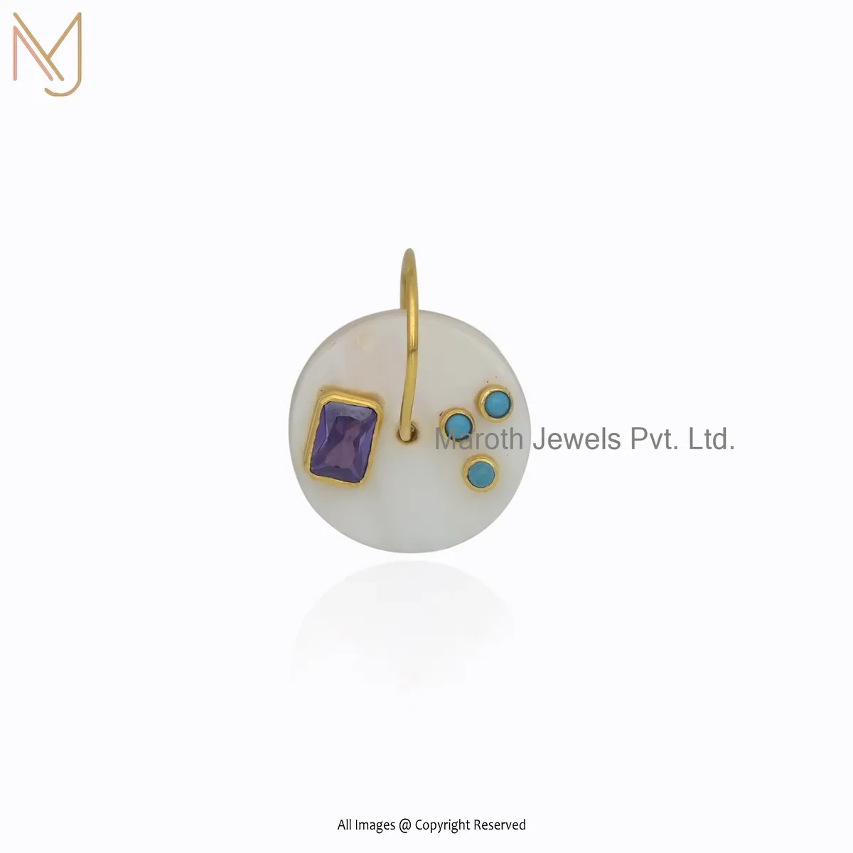 14K Yellow Gold Mother of Pearl & Turquoise And Amethyst Disc Gemstone Pendant USA
