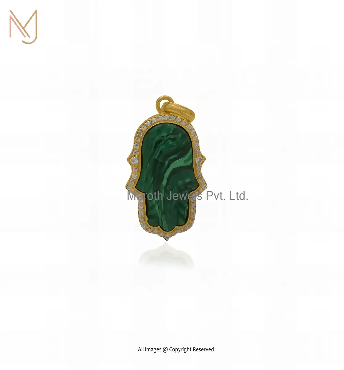 Private Lable 925 Silver Yellow Gold Plated Cubic Zircon & Malachite Hamsa Hand Charm Pendant