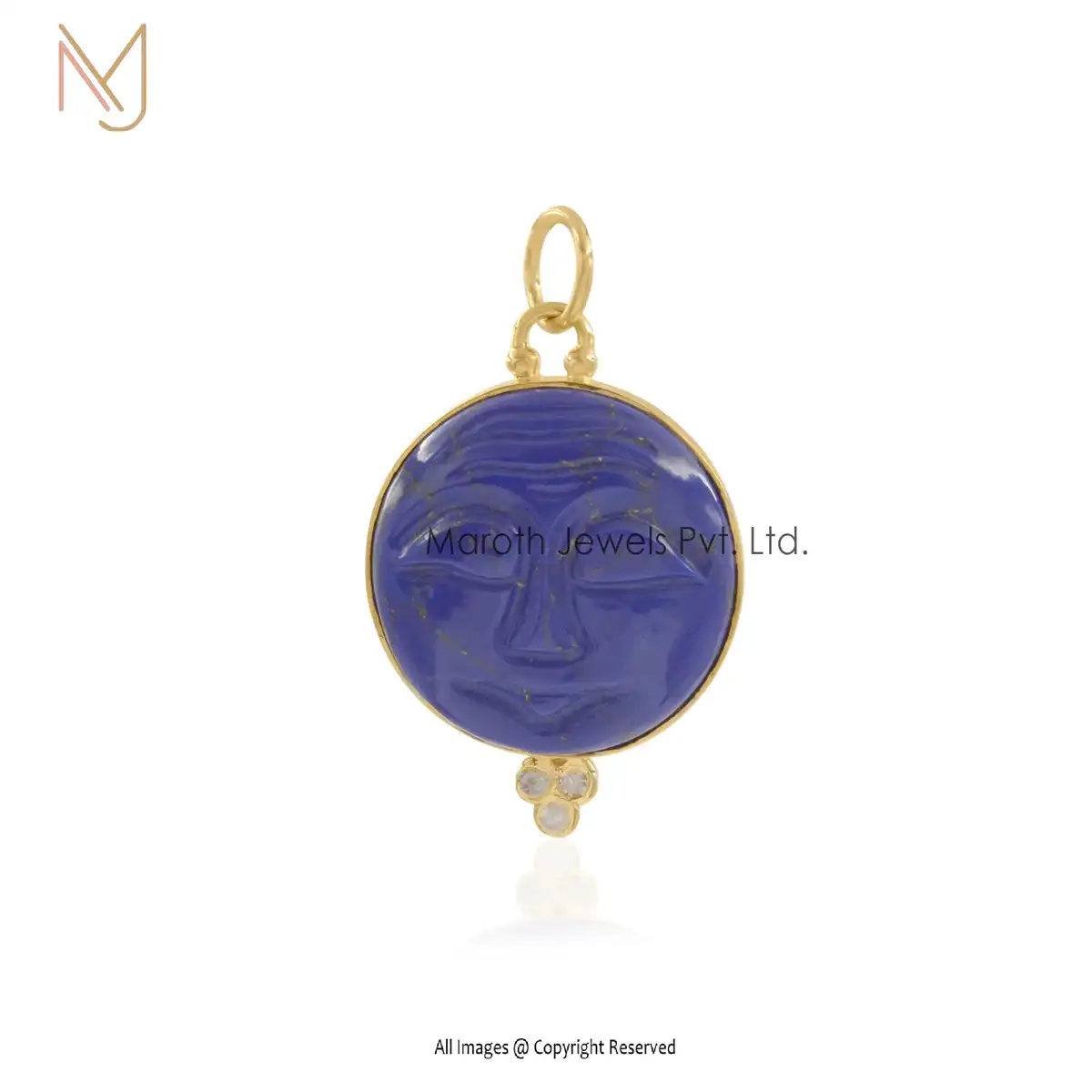 925 Silver Yellow Gold & Lapiz Lazuli Three Diamond Moon Face Pendant USA