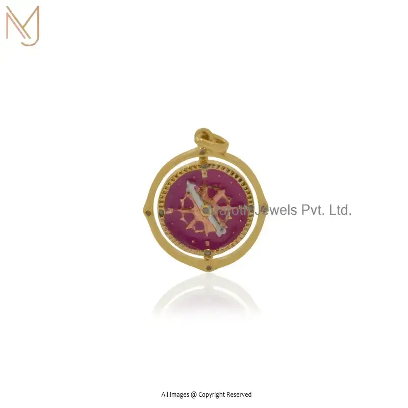 925 Silver Yellow Gold Plated Pink Enamel Gemstone Diamond Compass Pendant USA