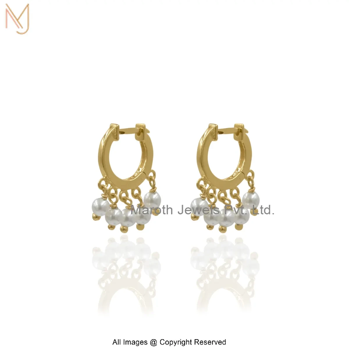 14K Yellow Gold Elegant Pearl Hoop Earring Custom Jewelry